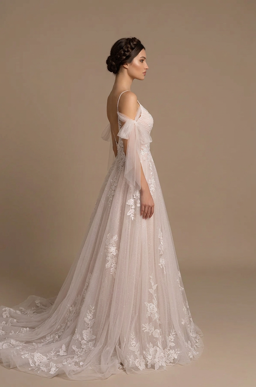 Elegant Off-the-Shoulder White Lace A-Line Wedding Dresses with Corset and Bow Sleeves