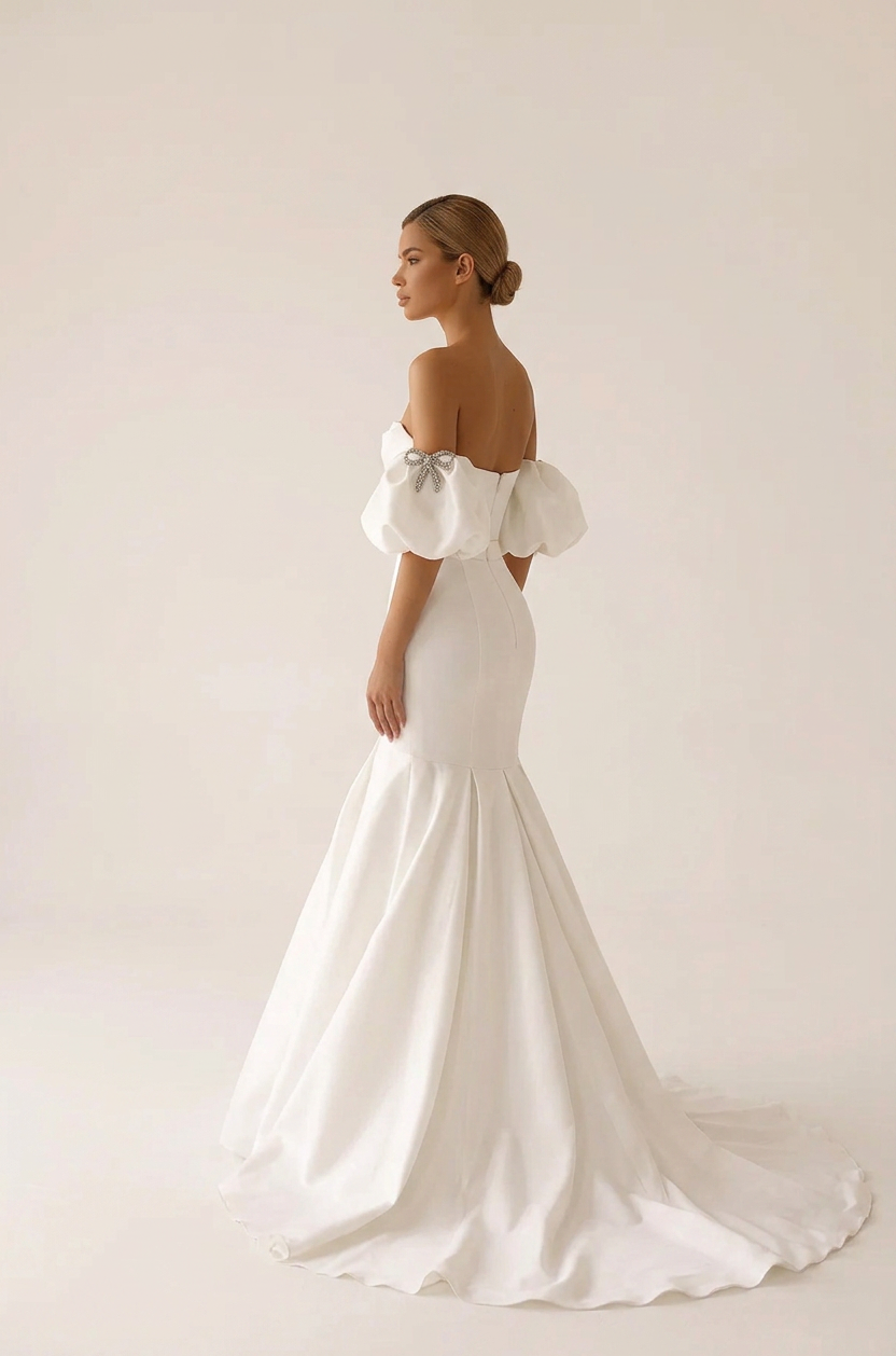 Elegant Off-the-Shoulder White Satin Mermaid Wedding Dresses with Puff Sleeves and Sweep Train