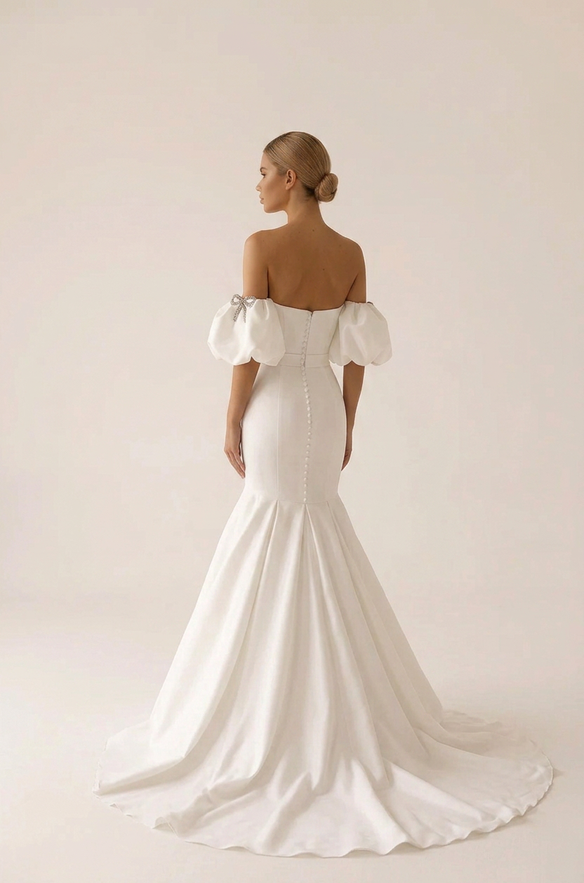 Elegant Off-the-Shoulder White Satin Mermaid Wedding Dresses with Puff Sleeves and Sweep Train