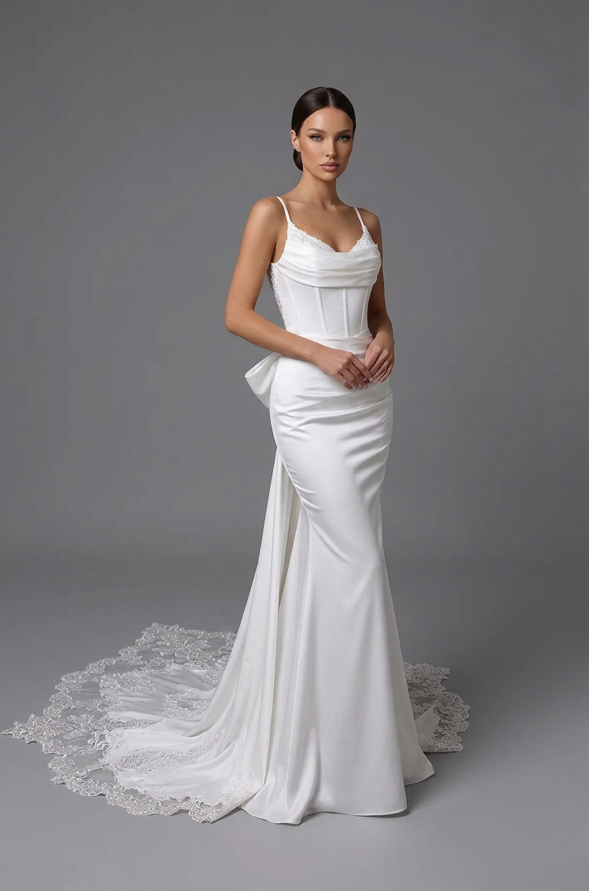 Elegant Spaghetti Strap White Satin Mermaid Wedding Dresses with Corset and Chapel Train