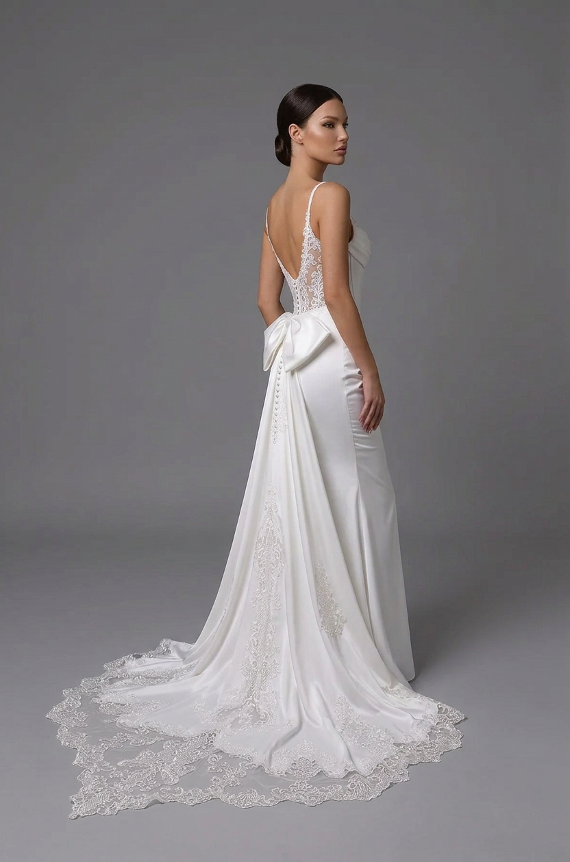 Elegant Spaghetti Strap White Satin Mermaid Wedding Dresses with Corset and Chapel Train