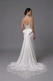 Elegant Spaghetti Strap White Satin Mermaid Wedding Dresses with Corset and Chapel Train