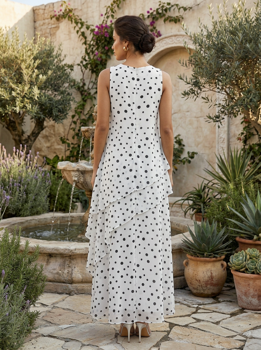 Black and White Polka Dot Chiffon Round Neck Sleeveless A-Line Floor-length Gown Dress