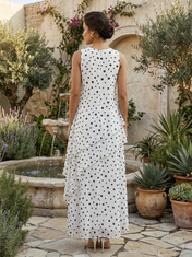 Black and White Polka Dot Chiffon Round Neck Sleeveless A-Line Floor-length Gown Dress