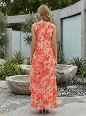 Coral Floral Chiffon Round Neck Sleeveless A-Line Floor-length Gown Dress