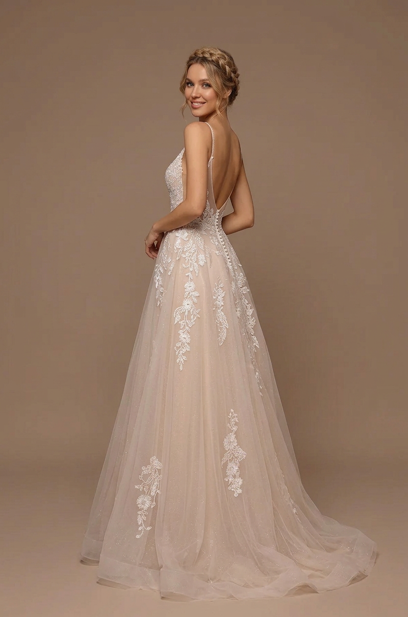Elegant V-Neck White Lace A-Line Wedding Dresses with Spaghetti Straps and Sweep Train
