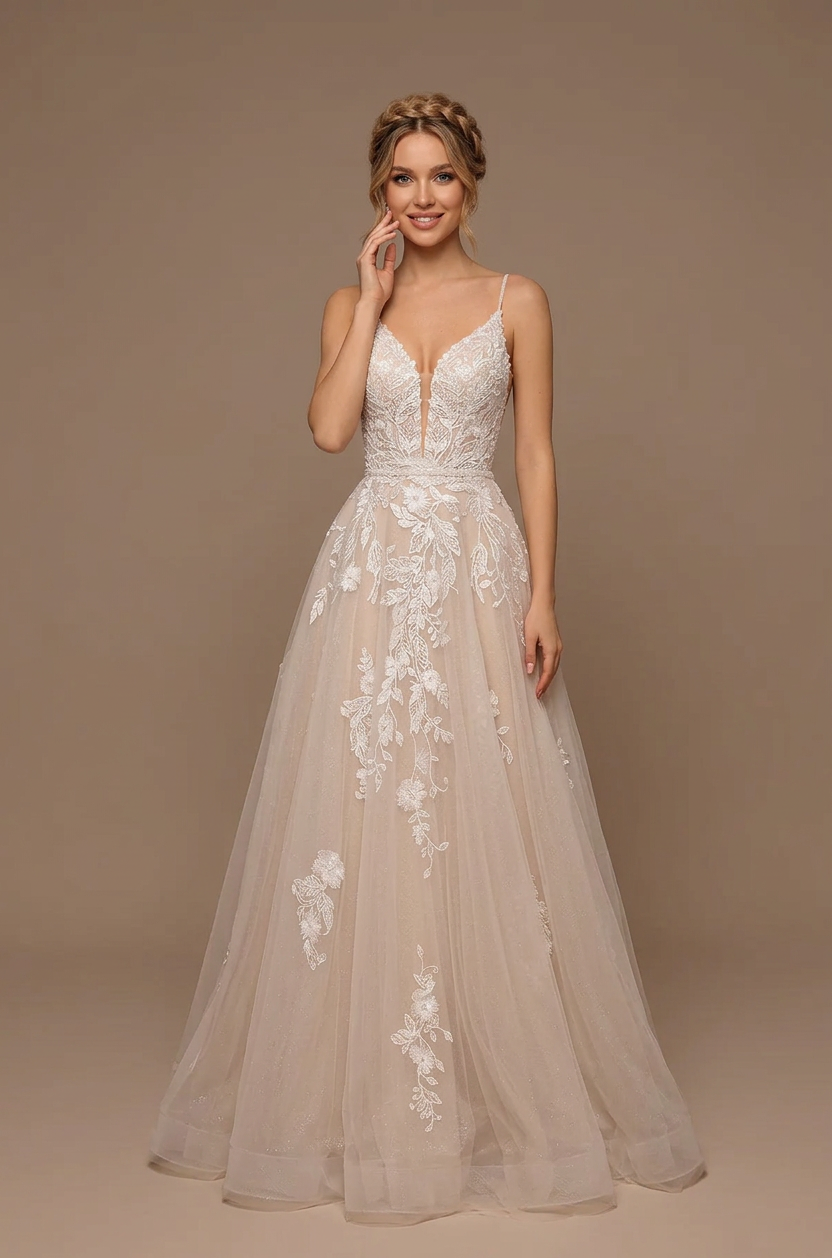 Elegant V-Neck White Lace A-Line Wedding Dresses with Spaghetti Straps and Sweep Train