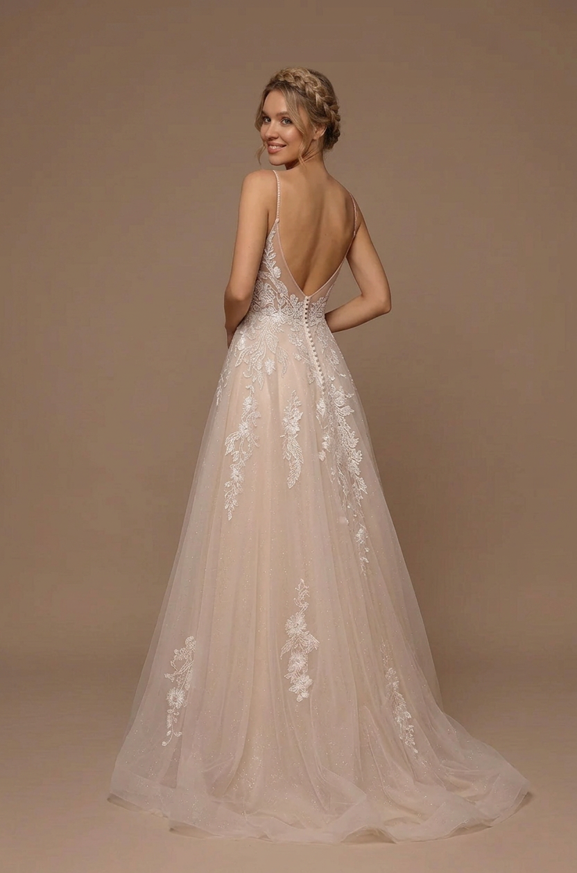 Elegant V-Neck White Lace A-Line Wedding Dresses with Spaghetti Straps and Sweep Train