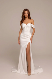 Elegant Off-the-Shoulder White Satin Column Wedding Dresses with Leg Slit and Sweep Train