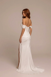 Elegant Off-the-Shoulder White Satin Column Wedding Dresses with Leg Slit and Sweep Train
