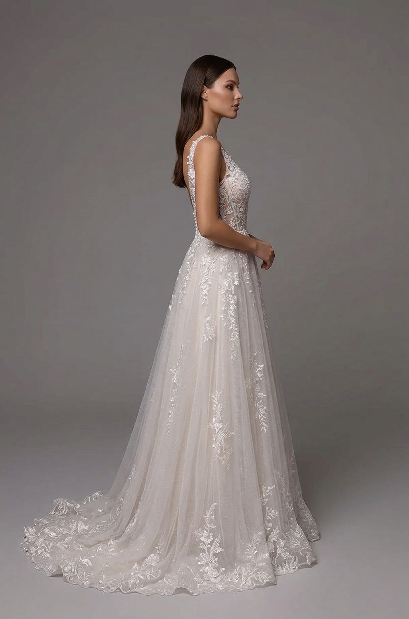 Elegant V-Neck White Lace A-Line Wedding Dresses with Corset and Sweep Train