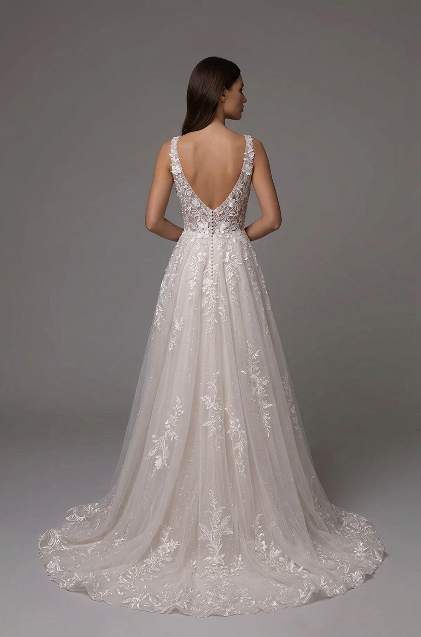 Elegant V-Neck White Lace A-Line Wedding Dresses with Corset and Sweep Train