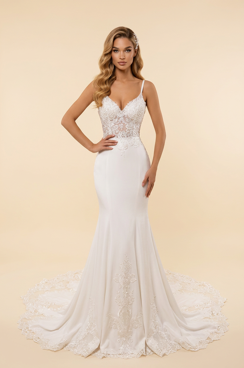 Elegant Spaghetti Strap White Satin Mermaid Wedding Dresses with Corset and Chapel Train