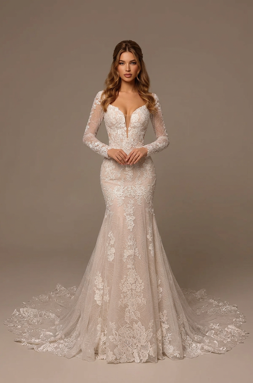 Elegant Long Sleeve White Lace Mermaid Wedding Dresses with Corset and Sweep Train