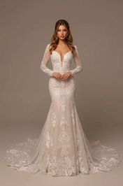Elegant Long Sleeve White Lace Mermaid Wedding Dresses with Corset and Sweep Train