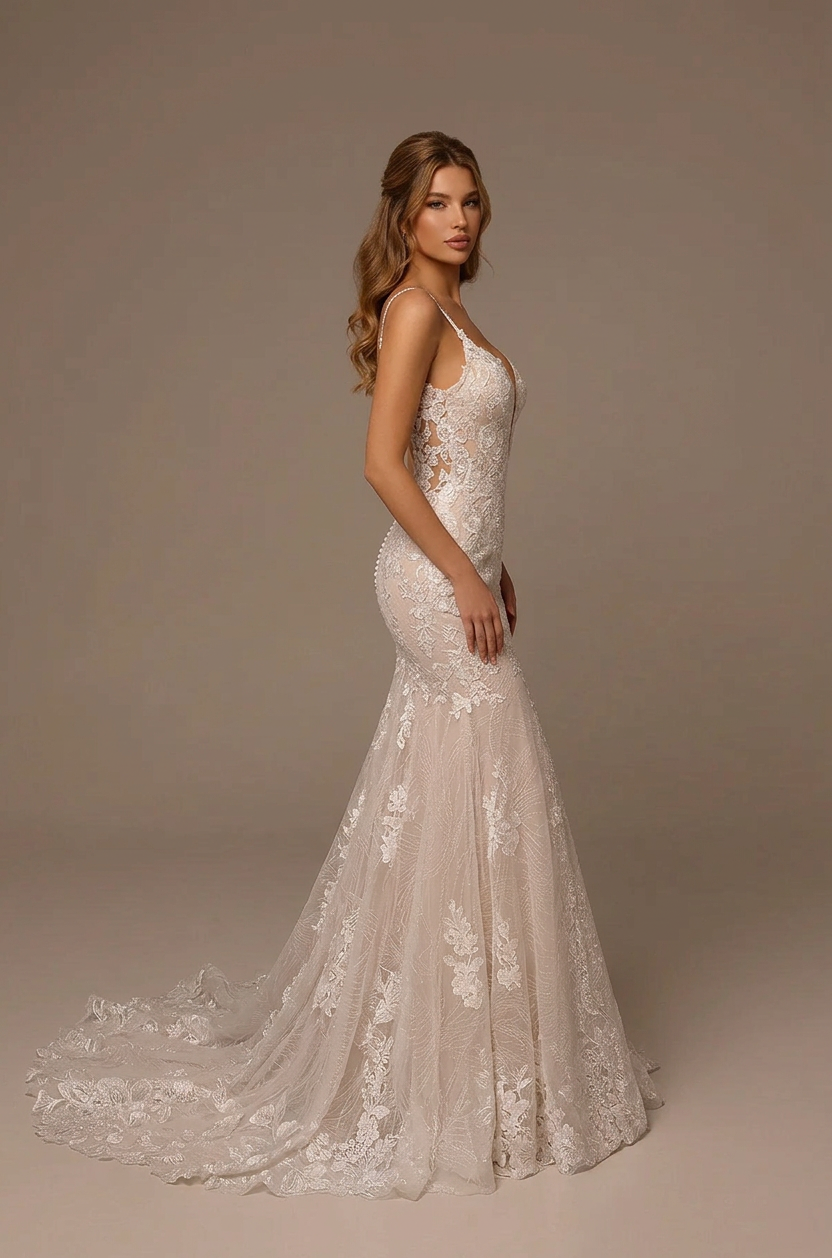 Elegant Long Sleeve White Lace Mermaid Wedding Dresses with Corset and Sweep Train