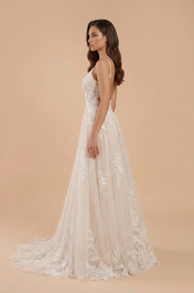 Elegant Spaghetti Strap White Lace A-Line Wedding Dresses with Corset and Sweep Train