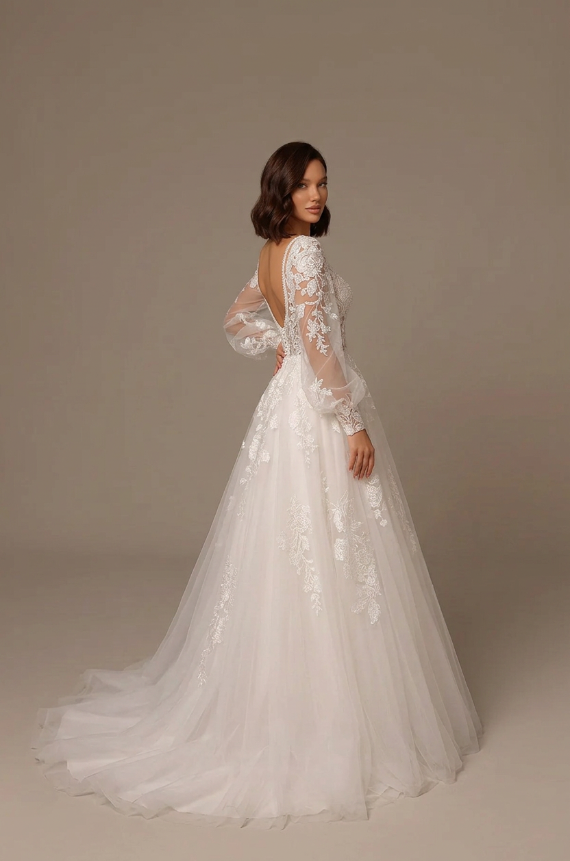 Elegant Long Sleeve White Lace A-Line Wedding Dresses with Corset and Sweep Train