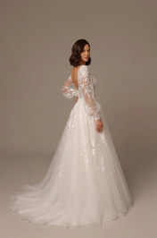 Elegant Long Sleeve White Lace A-Line Wedding Dresses with Corset and Sweep Train