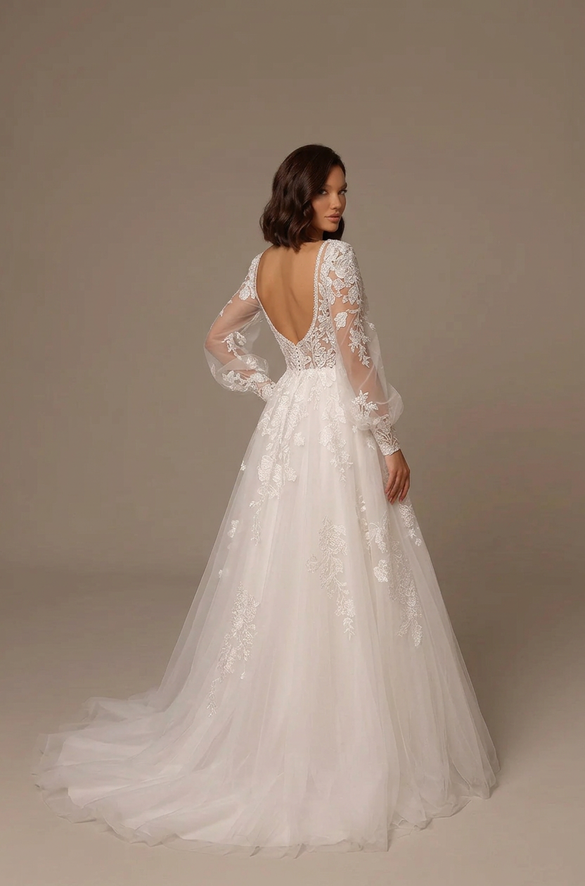 Elegant Long Sleeve White Lace A-Line Wedding Dresses with Corset and Sweep Train