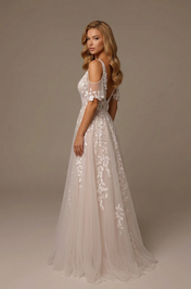 Elegant Cold-Shoulder White Lace A-Line Wedding Dresses with Corset and Sweep Train