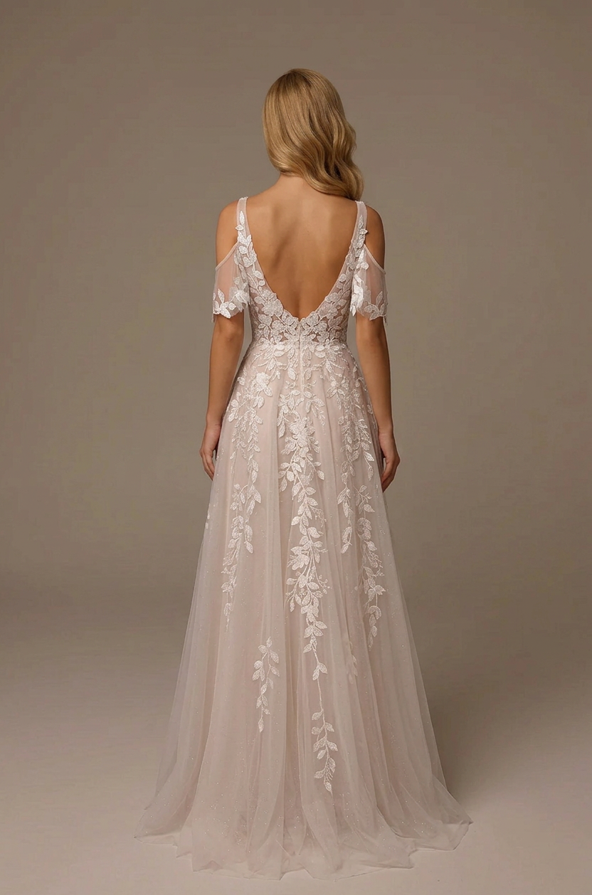 Elegant Cold-Shoulder White Lace A-Line Wedding Dresses with Corset and Sweep Train