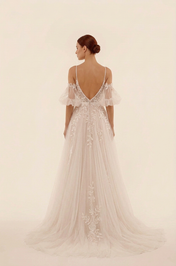 Elegant Off-the-Shoulder White Lace A-Line Wedding Dresses with Corset and Sweep Train
