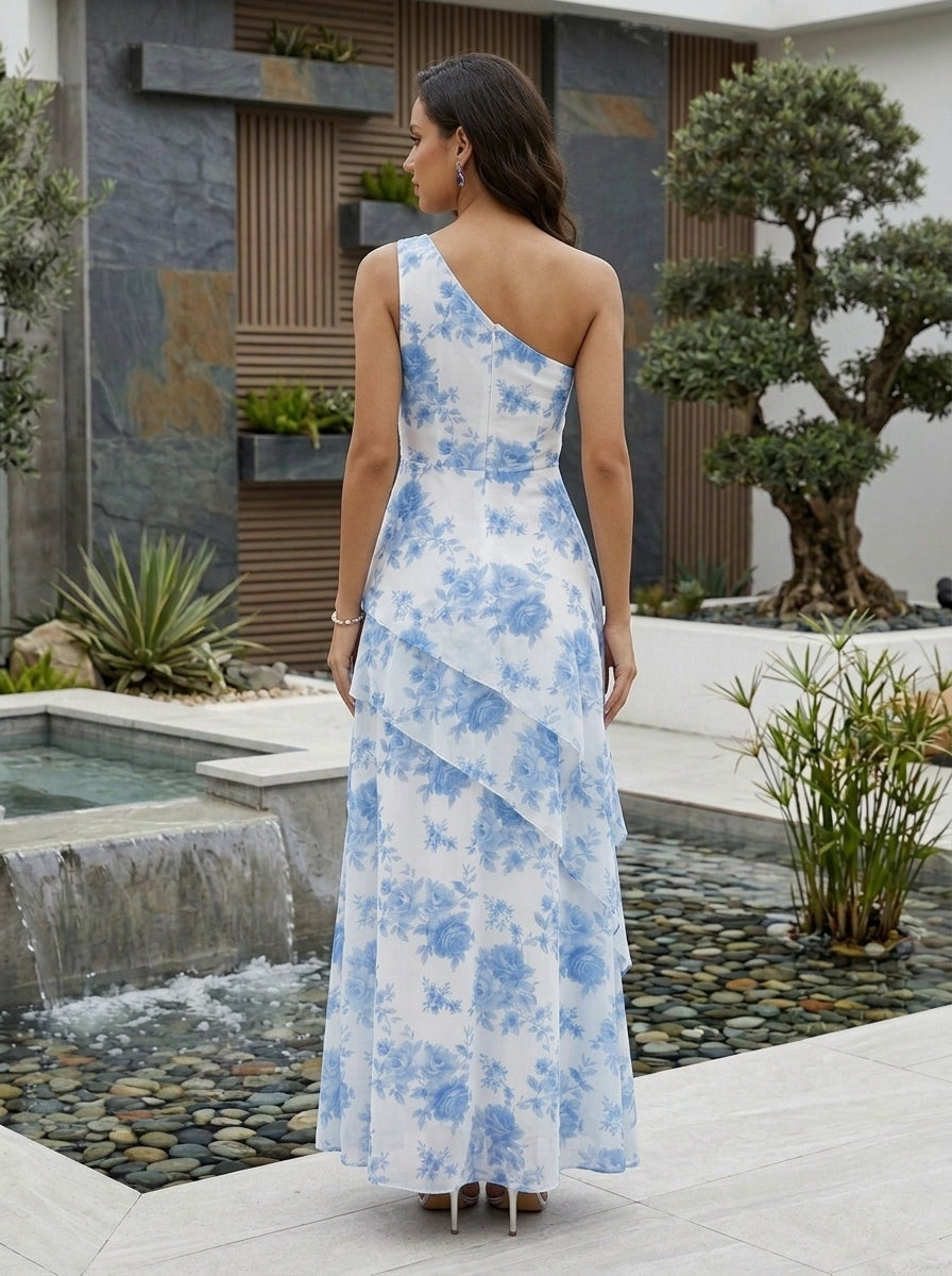 Light Blue Floral Chiffon One-Shoulder Sleeveless A-Line Floor-length Gown Dress