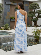 Light Blue Floral Chiffon One-Shoulder Sleeveless A-Line Floor-length Gown Dress