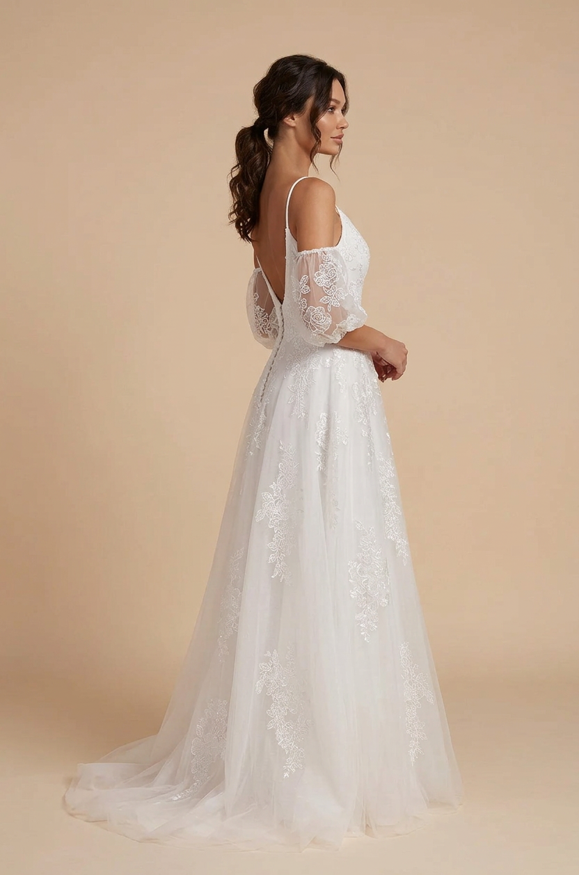 Elegant Off-the-Shoulder White Lace A-Line Wedding Dresses with Corset and Sweep Train