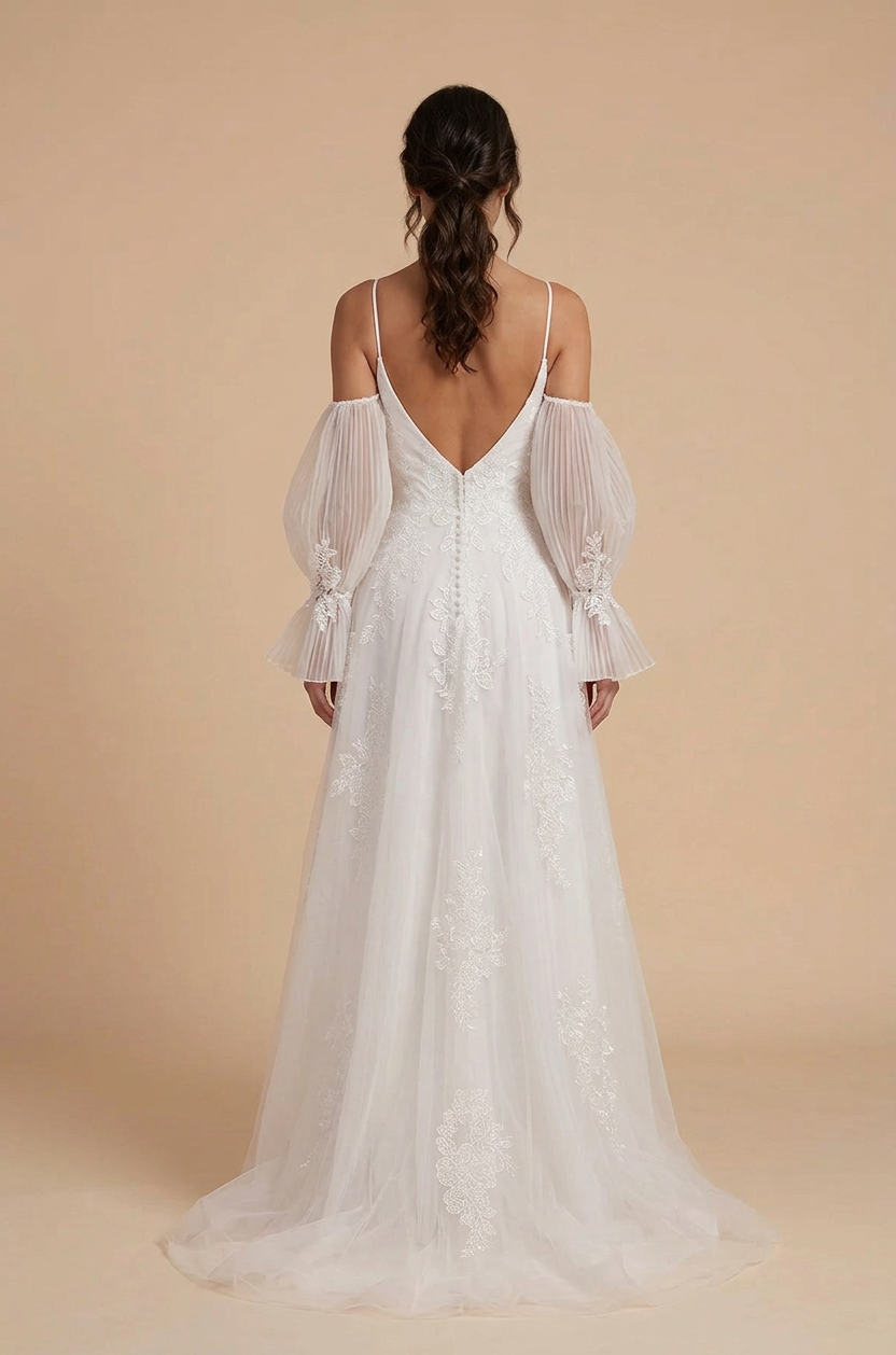 Elegant Off-the-Shoulder White Lace A-Line Wedding Dresses with Corset and Sweep Train