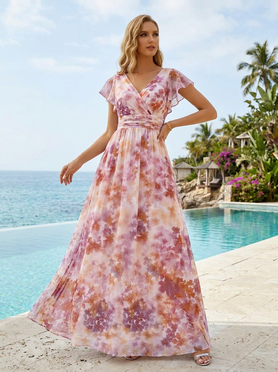 Pink Floral Chiffon V Neck Short Flutter Sleeve A-Line Floor-length Gown Dress