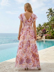Pink Floral Chiffon V Neck Short Flutter Sleeve A-Line Floor-length Gown Dress