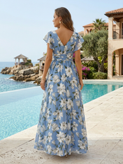 Light Blue Floral Chiffon V Neck Short Flutter Sleeve A-Line Floor-length Gown Dress
