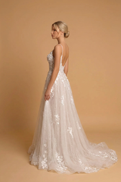 Elegant Spaghetti Strap White Lace A-Line Wedding Dresses with Corset and Sweep Train