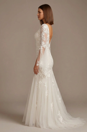 Elegant Bell Sleeve White Lace Trumpet Wedding Dresses with Sweep Train