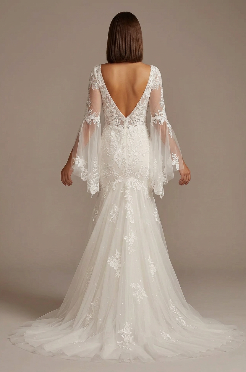 Elegant Bell Sleeve White Lace Trumpet Wedding Dresses with Sweep Train