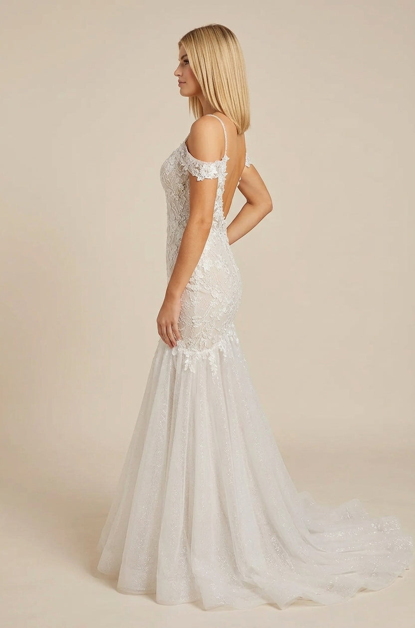 Elegant Off-the-Shoulder White Lace Trumpet Wedding Dresses with Spaghetti Straps and Sweep Train