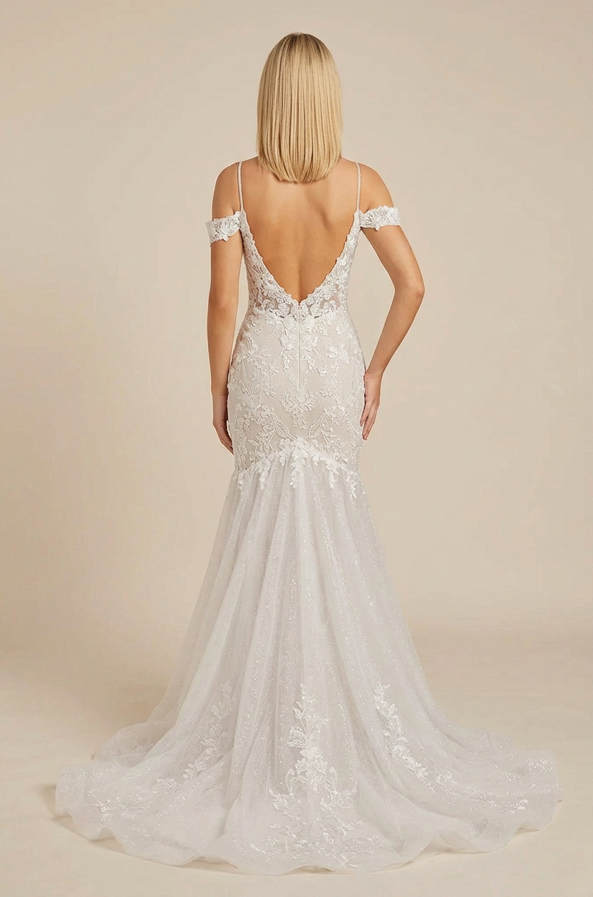 Elegant Off-the-Shoulder White Lace Trumpet Wedding Dresses with Spaghetti Straps and Sweep Train