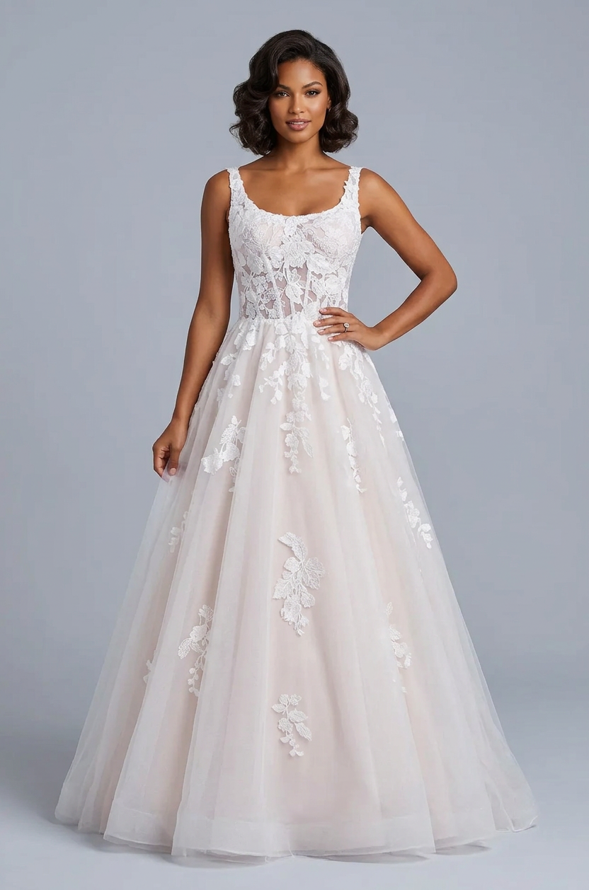 Elegant Scoop Neck White Lace A-Line Wedding Dresses with Corset and Sweep Train