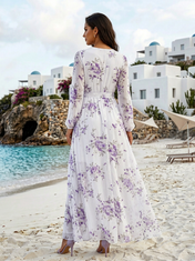 Purple Floral Chiffon V Neck Long Sleeve A-Line Floor-length Gown Dress