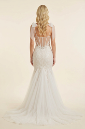 Elegant Bow Strap White Lace Trumpet Wedding Dresses with Corset and Sweep Train