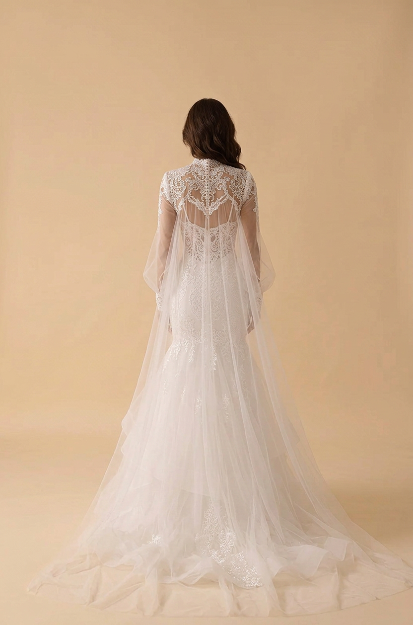 Elegant Long Sleeve White Lace Trumpet Wedding Dresses with Bolero and Chapel Train