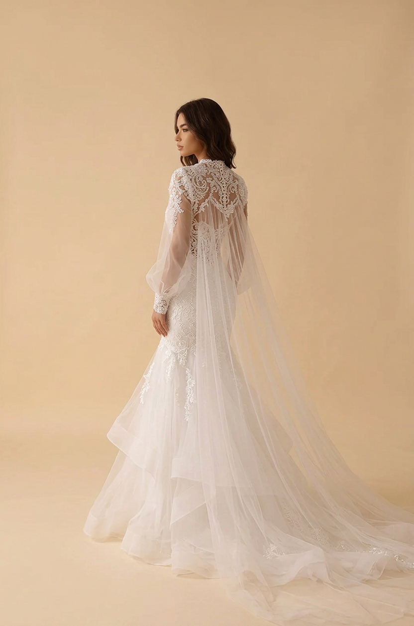 Elegant Long Sleeve White Lace Trumpet Wedding Dresses with Bolero and Chapel Train