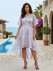 Lavender Floral Burnout Chiffon Crew Neck Half Sleeve High-Low Cocktail Dress