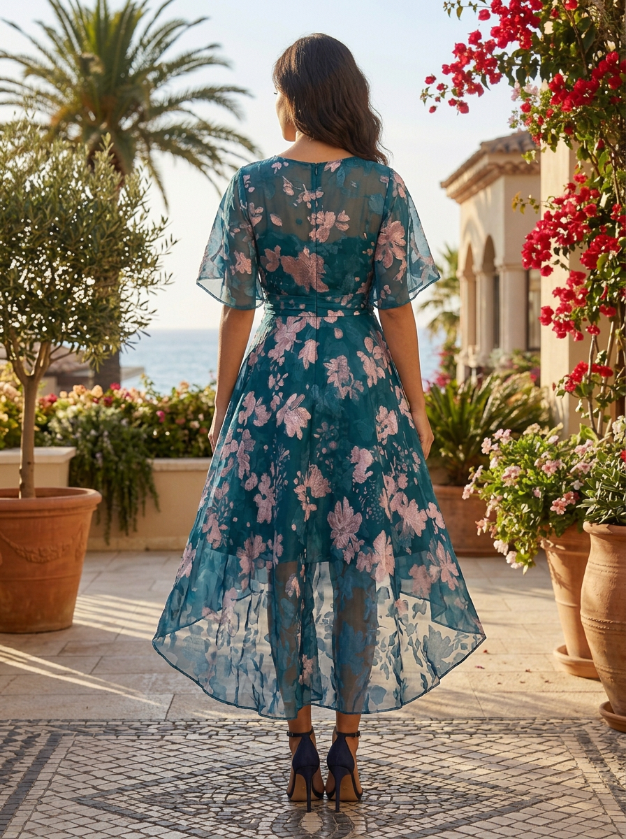 Teal Floral Burnout Chiffon Crew Neck Half Sleeve High-Low Cocktail Dress