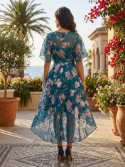 Teal Floral Burnout Chiffon Crew Neck Half Sleeve High-Low Cocktail Dress