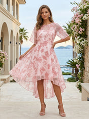 Pink Floral Burnout Chiffon Crew Neck Half Sleeve High-Low Cocktail Dress