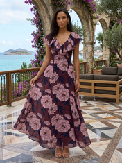 Dark Plum Floral Chiffon V Neck Short Ruffle Sleeve A-Line Floor-length Gown Dress