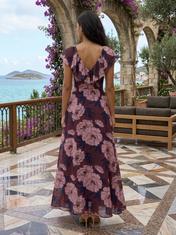Dark Plum Floral Chiffon V Neck Short Ruffle Sleeve A-Line Floor-length Gown Dress